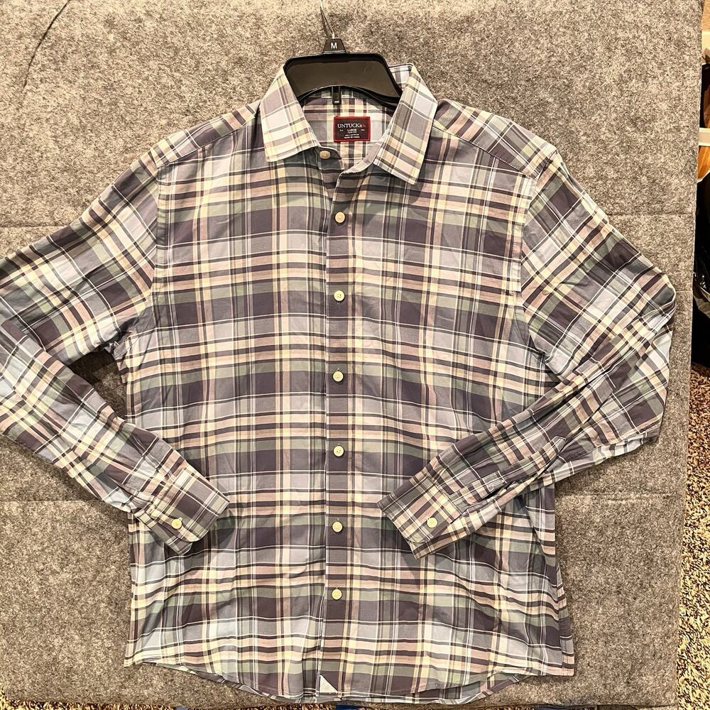 Untuckit Shirt Mens LG Blue / Green Slim Fit Wrinkle Free Button‎ Up. Collins